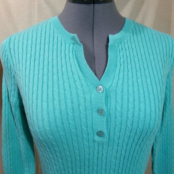 JEANNE PIERRE Cable knit Sweater Top S Mint Green Henley 1/2 button up Long slv - Picture 1 of 8